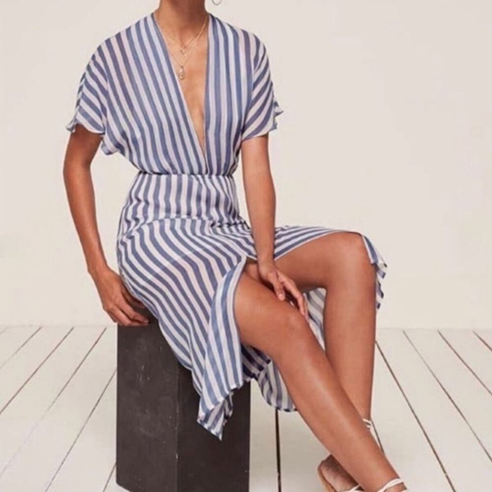 Reformation Positano Blue White Stripe Georgette V-Neck Midi Dress